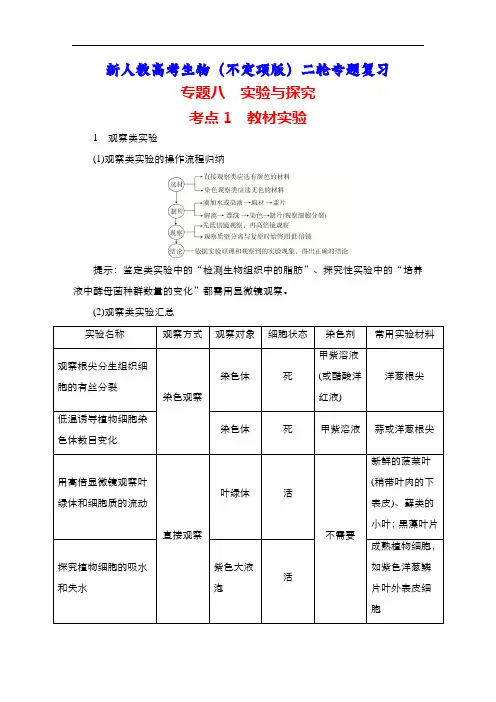 新人教高考生物(不定项版)二轮专题复习：专题8 实验与探究 考点1 教材实验