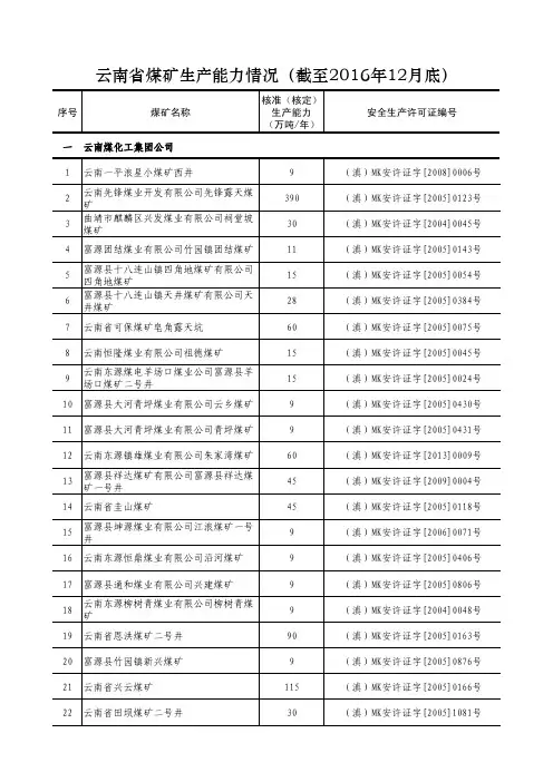 云南煤矿名单及数量