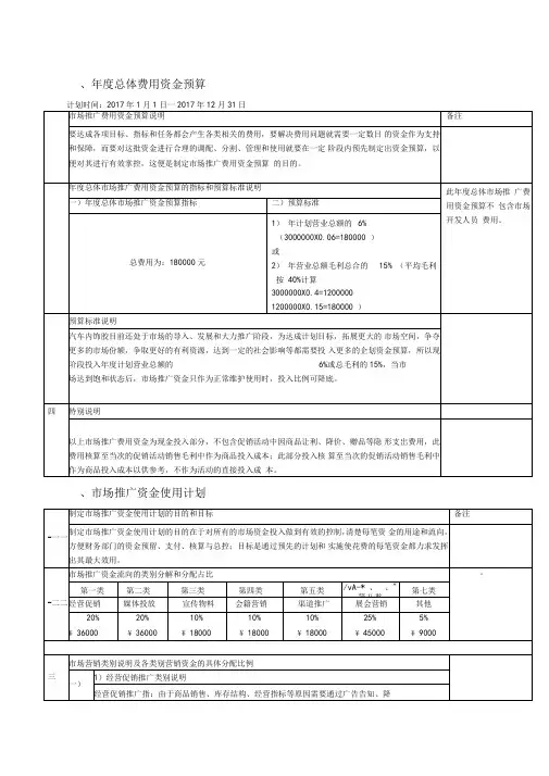 场推广费用预算及使用计划