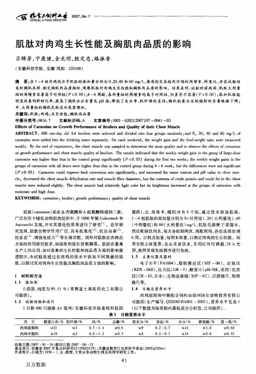 肌肽对肉鸡生长性能及胸肌肉品质的影响