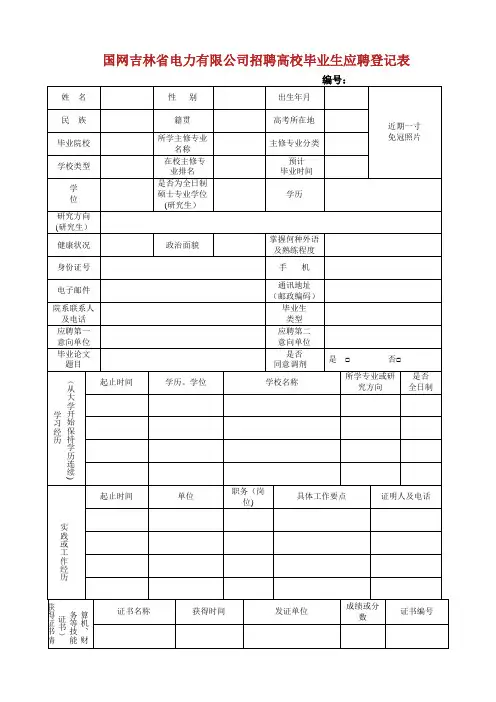 XX电网XX招聘高校毕业生应聘登记表 (2).doc