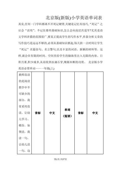六年级下册英语素材一至六年级单词表｜北京版