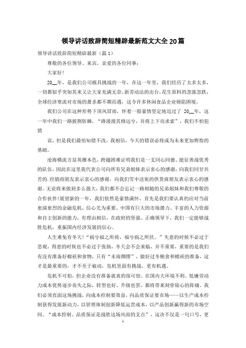 领导讲话致辞简短精辟最新范文大全20篇