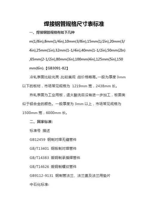 焊接钢管规格尺寸表标准