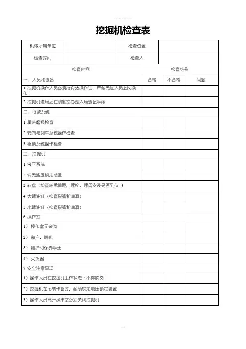 挖掘机安全检查表