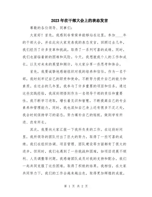 2023年在干部大会上的表态发言