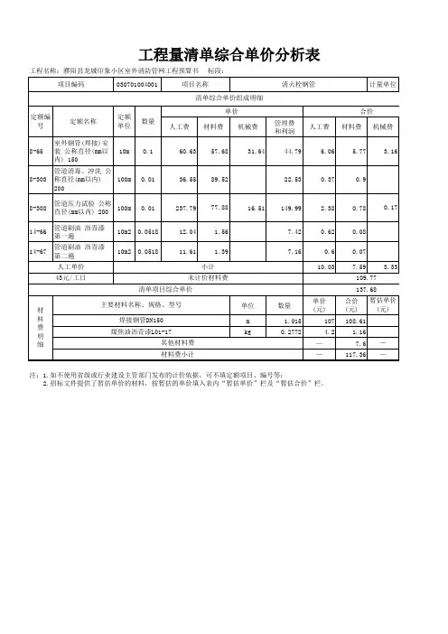 表-09 工程量清单综合单价分析表(出含量,出主材)(竖)