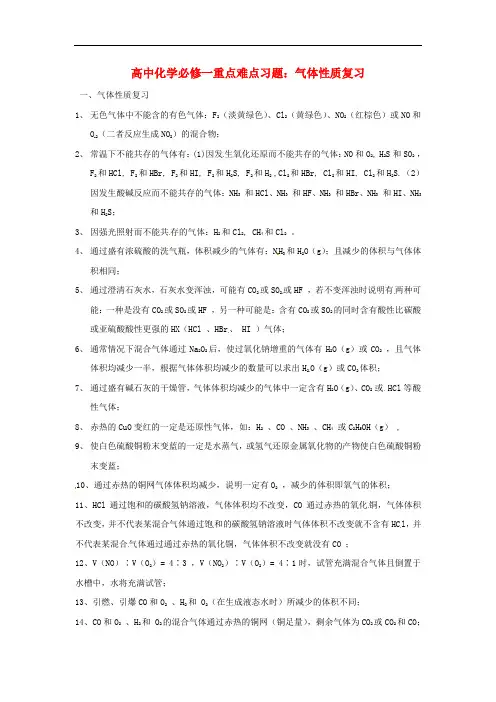 2018人教版高中化学必修一《气体性质复习》重难点专项训练