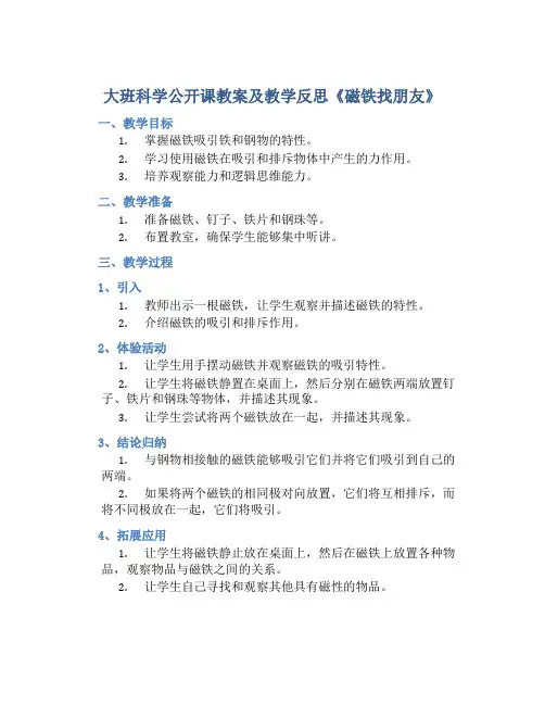 大班科学公开课教案及教学反思《磁铁找朋友》