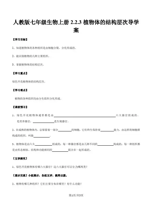 人教版七年级生物上册2.2.3植物体的结构层次导学案(无答案)