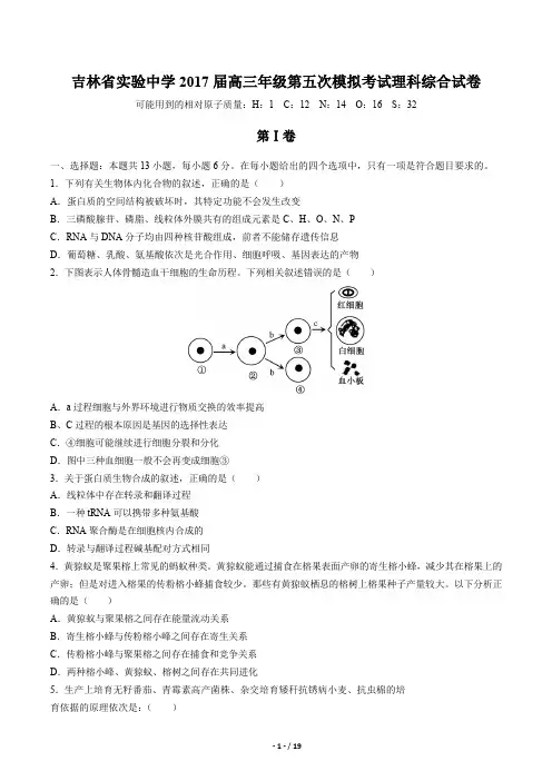 吉林省实验中学高三第五次模拟考试理科综合试卷有答案