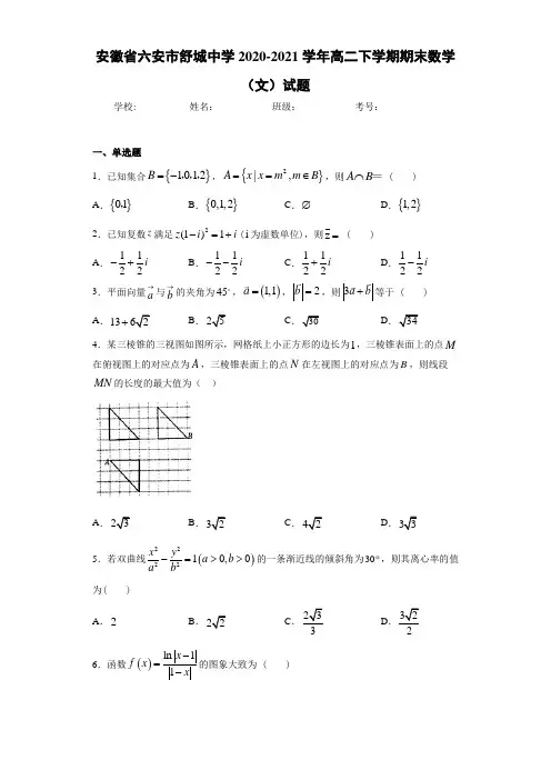 安徽省六安市舒城中学2020-2021学年高二下学期期末数学(文)试题