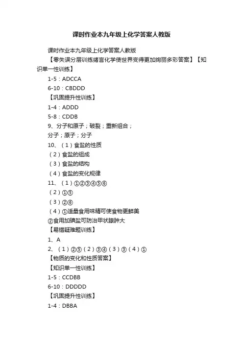 课时作业本九年级上化学答案人教版