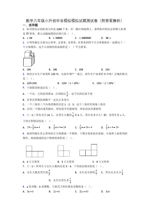 数学六年级小升初毕业模拟模拟试题测试卷(附答案解析)