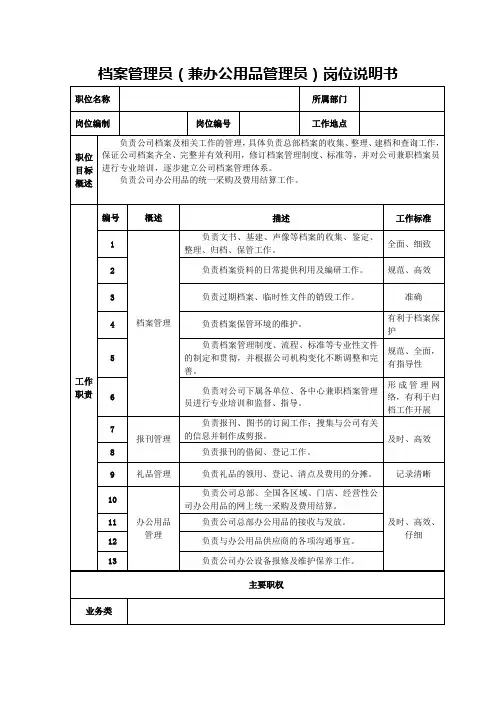 档案管理员(兼办公用品管理员)岗位说明书