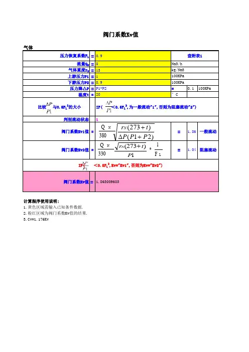 阀门KV值计算表-气体