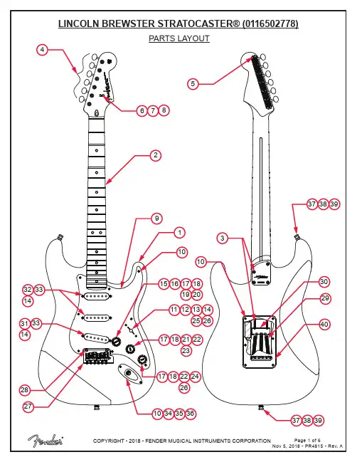 Fender Lincoln Brewster Stratocaster 零件布局与零件列表说明书