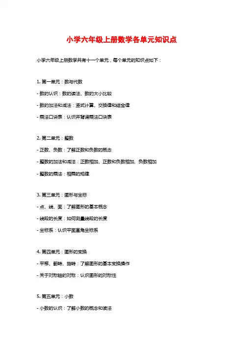 小学六年级上册数学各单元知识点