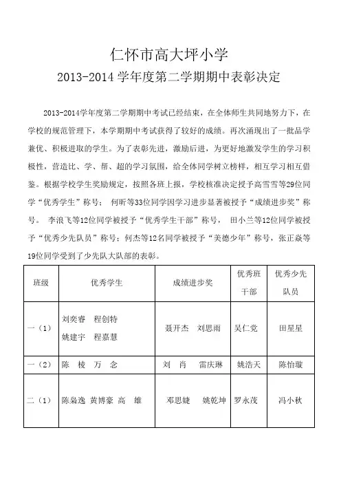 高大坪小学2014秋季期中表彰决定(喷绘)