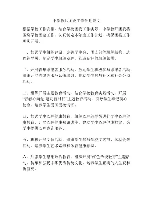 中学教师团委工作计划范文