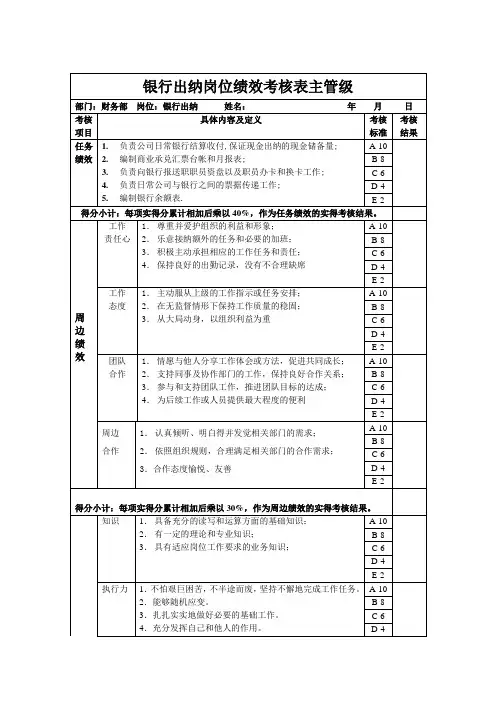 银行出纳岗位绩效考核表主管级