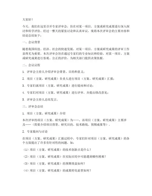 专家评审会总结发言稿模板