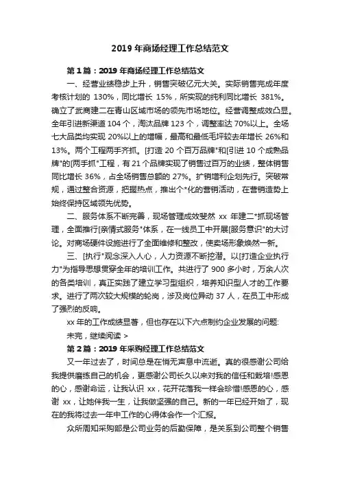 2019年商场经理工作总结范文