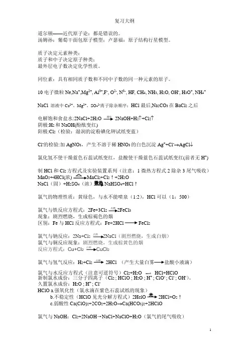 上海高一化学(上)复习大纲汇总