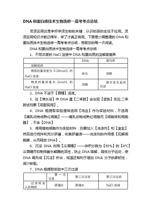 DNA和蛋白质技术生物选修一高考考点总结