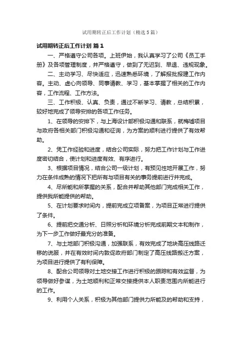 试用期转正后工作计划（精选5篇）