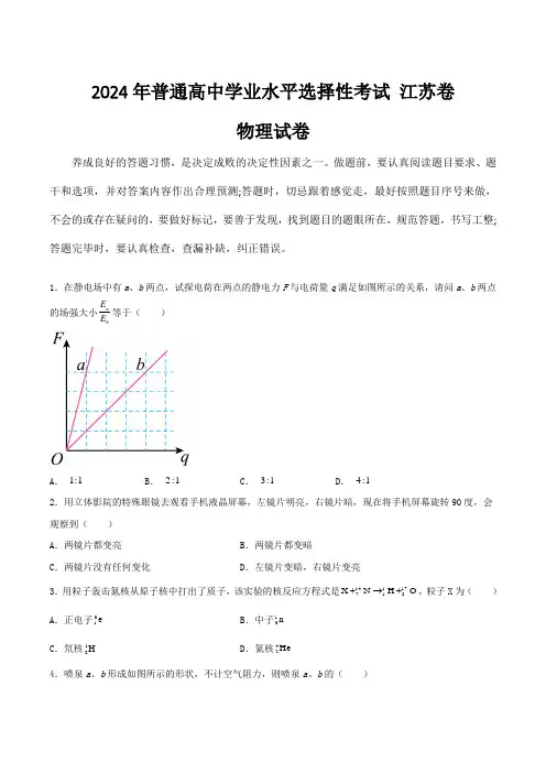 (2024年高考真题含解析)江苏省2024年普通高中学业水平选择性考试物理试卷(含解析)