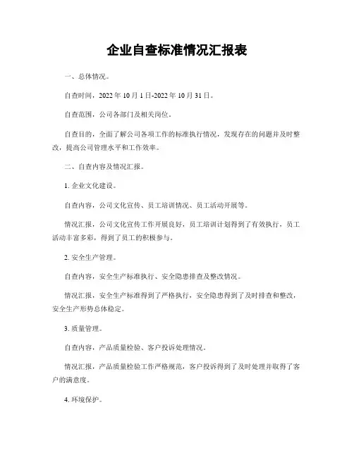 企业自查标准情况汇报表