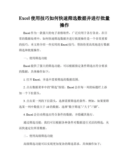 Excel使用技巧如何快速筛选数据并进行批量操作