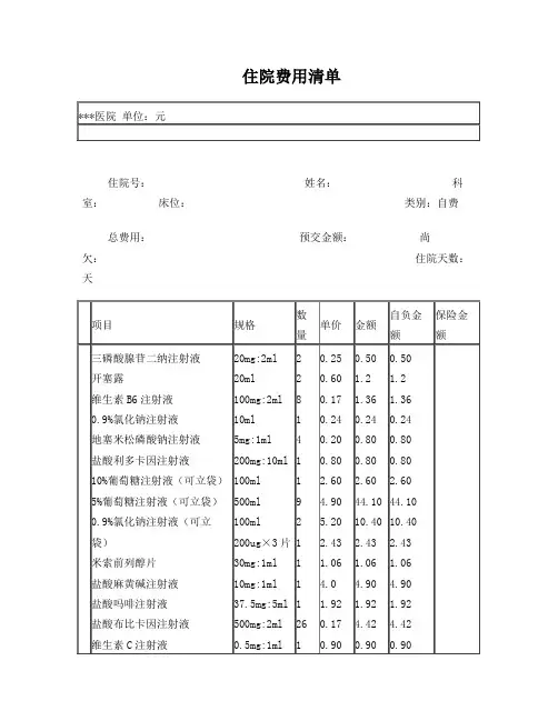 住院费用清单模板