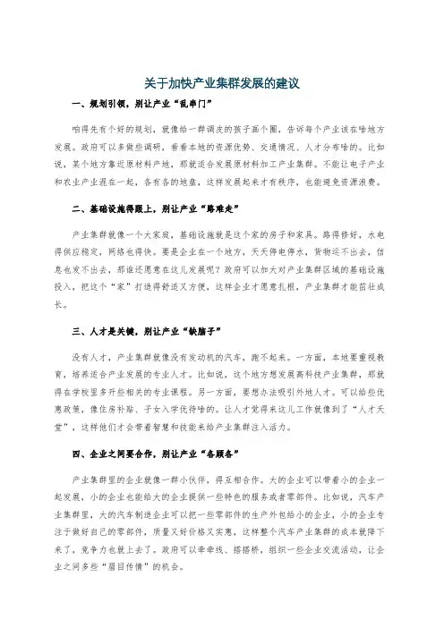 关于加快产业集群发展的建议