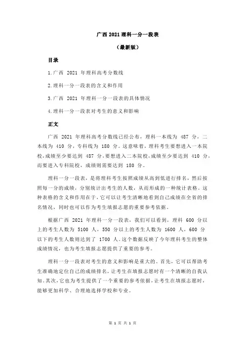 广西2021理科一分一段表