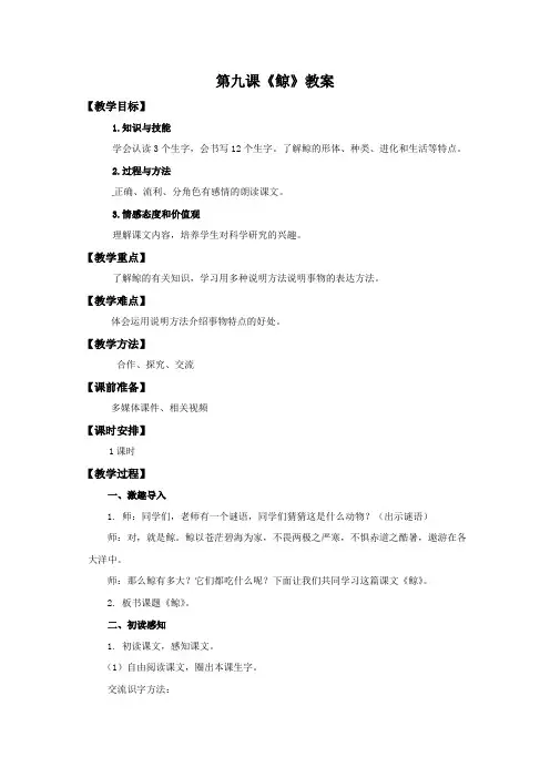 五年级上册语文教案-9鲸∣人教新课标