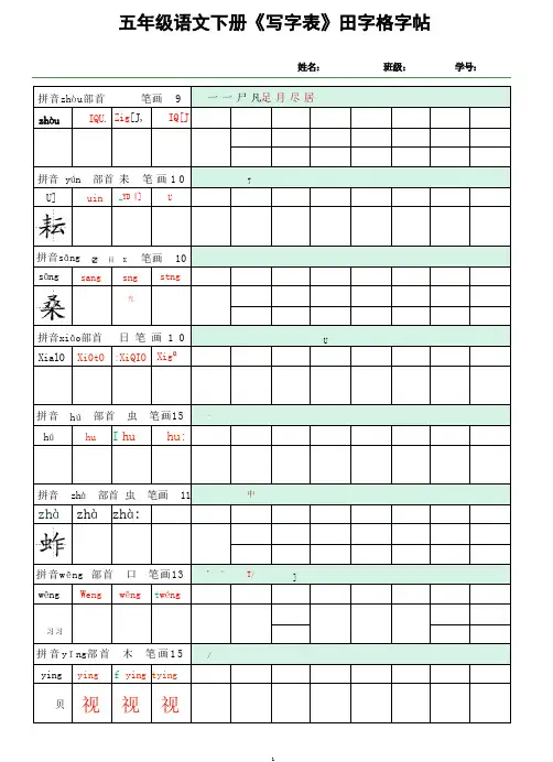 (写字表)田字格字帖五下语文