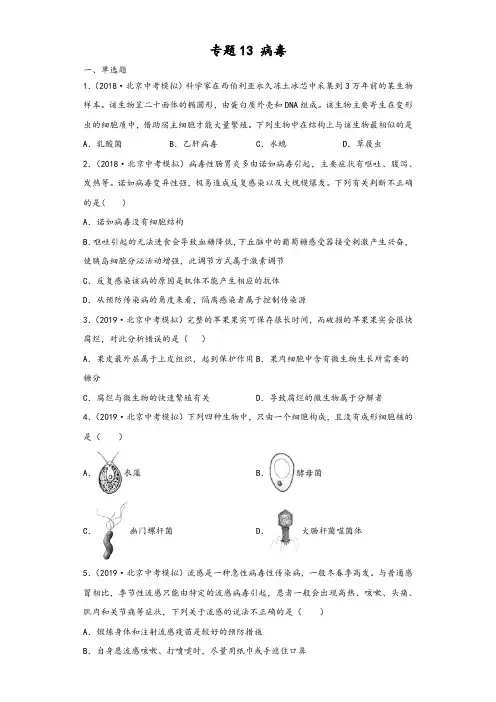 (北京市)2020中考生物真题分类汇编：专题13 病毒(含解析版答案)