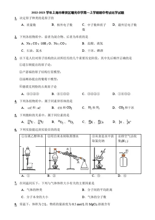 2022-2023学年上海市奉贤区曙光中学高一上学期期中考试化学试题