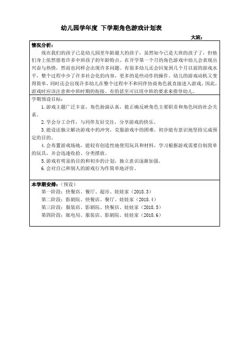幼儿园大班角色游戏计划