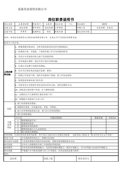 家装公司业务经理岗位职责说明书