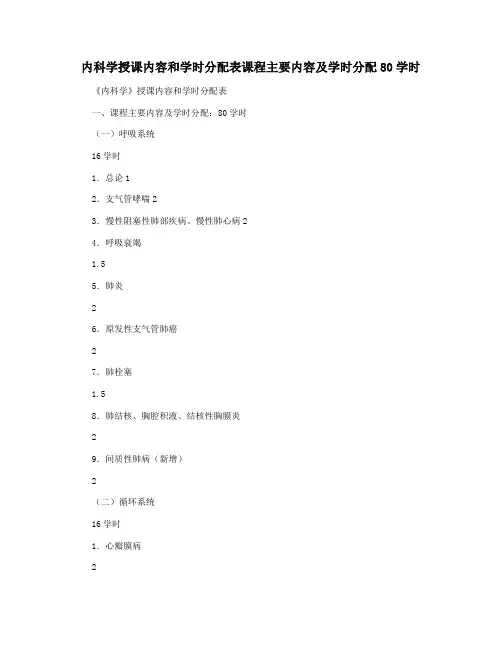 内科学授课内容和学时分配表课程主要内容及学时分配80学时