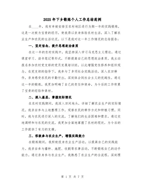 2025年下乡锻炼个人工作总结范例(3篇)
