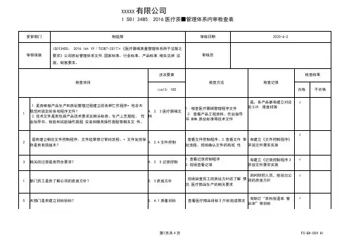 ISO13485-2016内部审核检查表(制造部)带填写记录