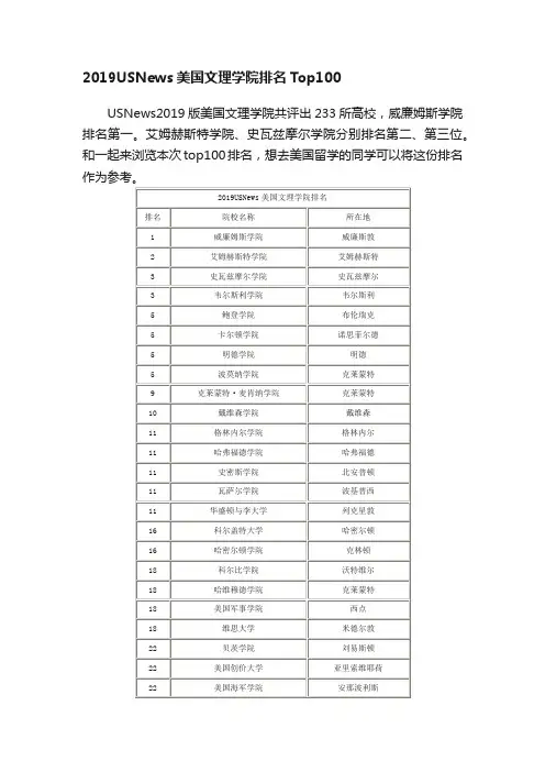 2019USNews美国文理学院排名Top100