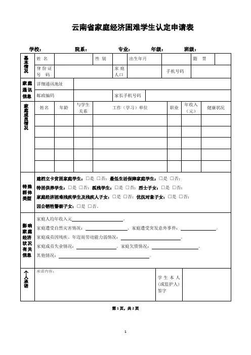 云南省家庭经济困难学生认定申请表(正反面打印)