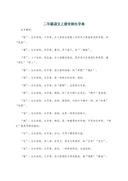 二年级语文上册全部生字表