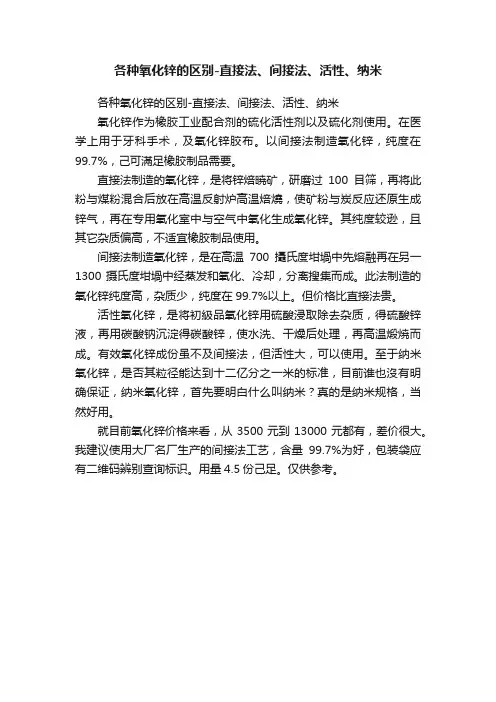 各种氧化锌的区别-直接法、间接法、活性、纳米