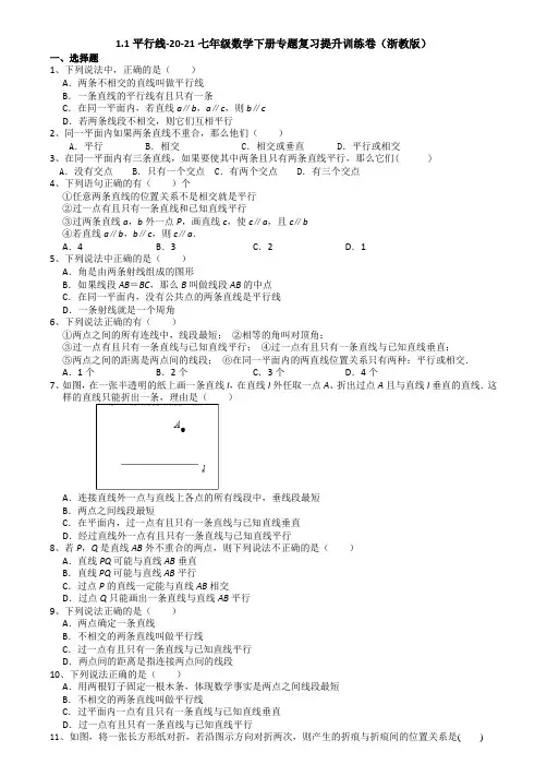 1.1平行线-2020-2021学年浙教版七年级数学下册专题复习提升训练(机构)